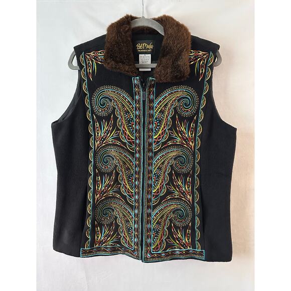 Bob Mackie Vest Zip Up Embroidered Colorful Boho Art to Wear Artsy Black Medium - Picture 1 of 5